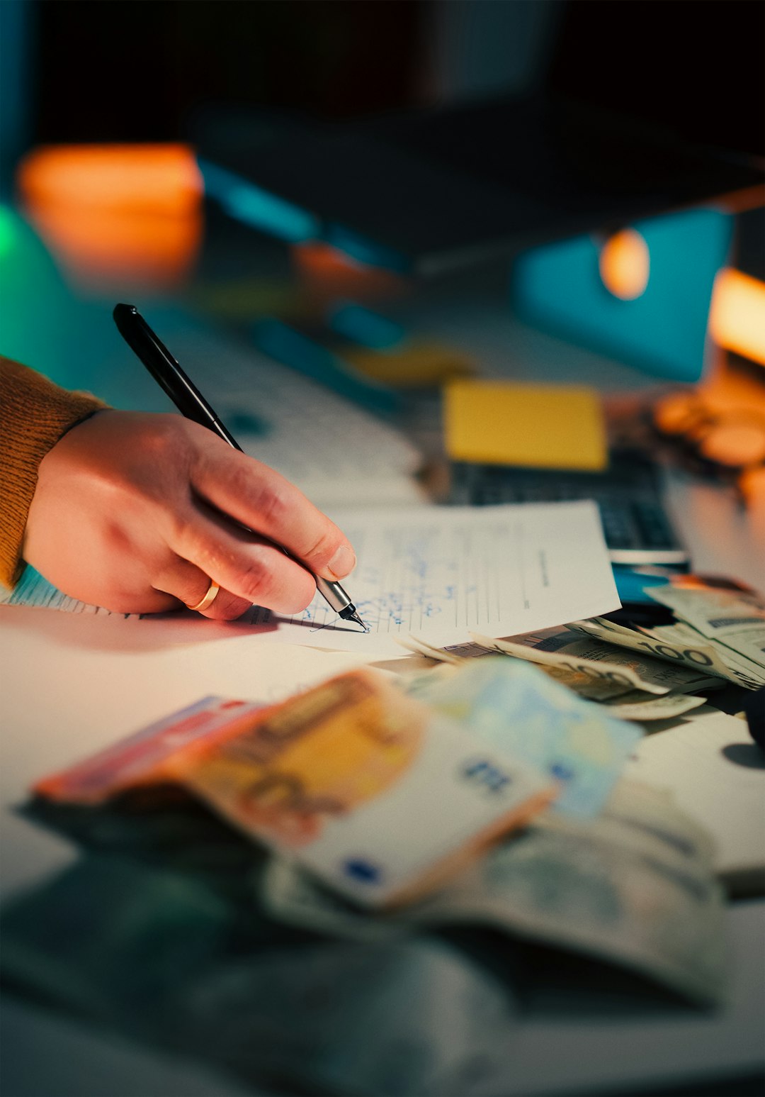 Euro Banknotes Contract Signature Financial Agreement Budget close-up view male hand signing contract beside scattered